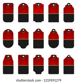 Christmas sale tag. Scandinavian style decoration for discount or gift. Red knitted fabric label for New Year. Flat cartoon illustration. Objects isolated on white backdrop.