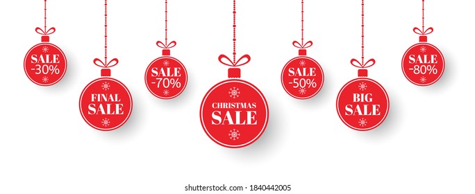 Christmas sale tag set. Red xmas balls with sign special offer, final, big sale. Merry Christmas and New Year paper label. Holiday discount, shopping promotion. Social media. Vector illustration.