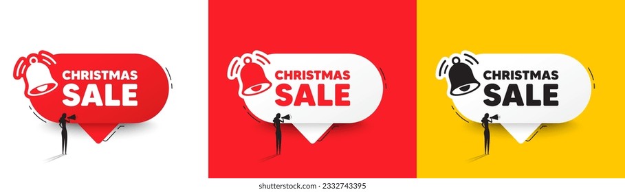 Christmas Sale tag. Speech bubbles with bell and woman silhouette. Special offer price sign. Advertising Discounts symbol. Christmas sale chat speech message. Woman with megaphone. Vector
