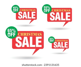 Christmas sale tag speech red bubble. Set of 35%, 45%, 55%, 65% off discount. Vector illustration