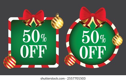 Christmas sale tags 50% off with christmas balls and bells.. Vector holiday red and green tags perfect for promotions and marketing.