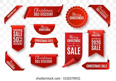 Christmas Sale Tags collection. Red scrolls and banners isolated. Merry Christmas and Happy New Year labels. Vector Price Tags illustration