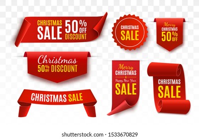 Christmas Sale Tags collection. Red scrolls and banners isolated. Merry Christmas and Happy New Year labels. Vector Price Tags illustration