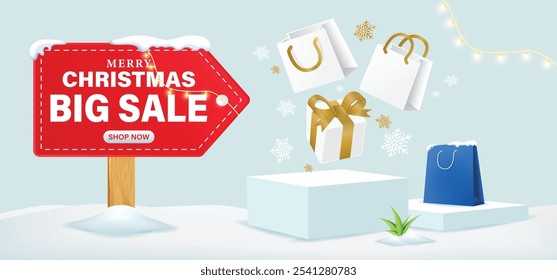 Christmas sale with the tags and empty podium, gifts box, shopping bag. Christmas background with snow and snowflakes with warm light	
