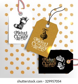 Christmas sale tags. Happy New Year labels set. Hand drawn sketch vintage vector illustrations. Gold design