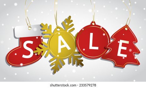Christmas sale tags on a snowy background. Vector illustration