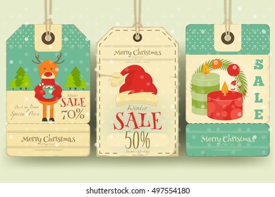 Christmas Sale Tags in Retro Style with Xmas Decoration. Winter Sell-out Labels Collection. Vector Illustration.