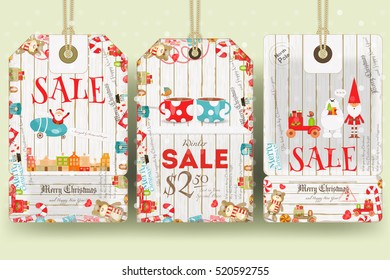 Christmas Sale Tags in Retro Style. Holiday Discounts. Vector Illustration.