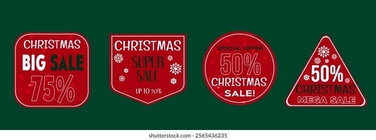 Christmas sale tags set - geometric stickers with discount offers up to 75 percent on red frame. Collection of snowflake decorated badges, holiday mega promotional borders and special price labels.