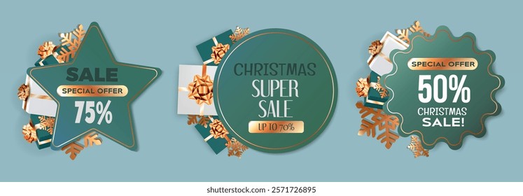 Christmas sale tags set with golden snowflakes, wrapped presents, decorative bows on green backgrounds. Holiday price off labels offering special discounts up to 50, 70 and 75 percent for promotions.