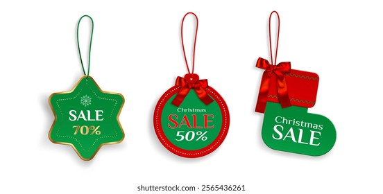 Christmas sale tags set isolated on white background. Vector realistic illustration of x-mas price discount labels, star, ball, sock shape stickers decorated with ribbon bow, holiday shopping promo