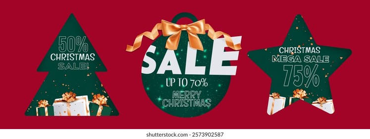 Christmas sale tags set isolated on red background. Vector realistic illustration of x-mas tree, ball, star shape price discount labels, green stickers decorated with ribbon, gift boxes, holiday promo