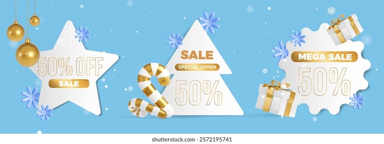 Christmas sale tags set - star, tree and starburst shapes with 50 percent discount, golden baubles, candy canes, wrapped presents and decorative snowflakes on blue backdrop. Holiday promotion banner.