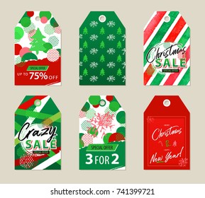 Christmas sale tags set. Vector illustration watercolor red green stripes background. Hand Drawn textures for winter holidays.
