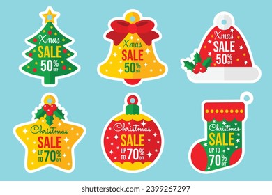 Christmas sale tags or stickers vector set in shapes of pine, bell, hat, star, bauble, stocking with percent discount text for holidays special offer promotional marketing label template illustration.