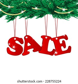 Christmas Sale Tags and Christmas tree with decorations
