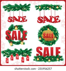 Christmas Sale Tags and Christmas tree with decorations 