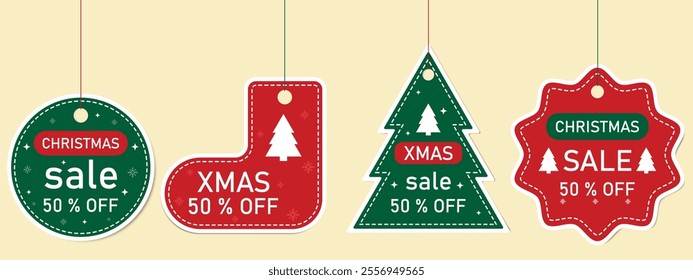 Christmas sale tags in various shapes - christmas tree,stoking, circle. Vector holiday red and green tags perfect for  promotions and marketing.