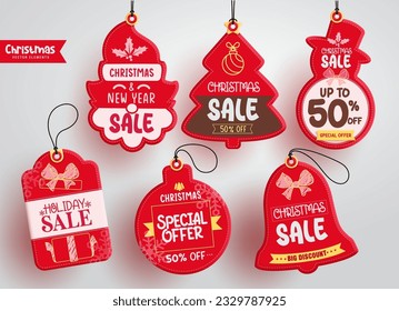 Christmas sale tags vector set design. Merry chritsmas and happy new year text in red color price tag for holiday season gift card. Vector illustration hanging price tag promo collection. 