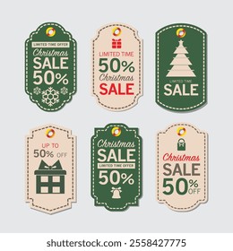 Christmas Sale Tags vector set design collection. Vintage price tags limited time offer, sale retail, promotion messaging Christmas pricing, discount label. Discount and price tags on paper. 