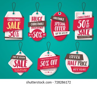 Christmas sale tags vector set with origami paper cut style, price tags shapes and discount text for holiday shopping promotion. Vector illustration.
