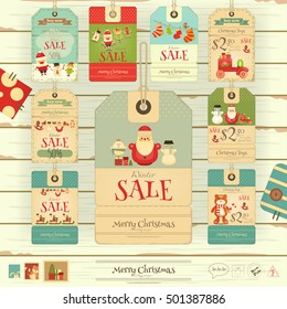 Christmas Sale Tags in Vintage Style on White Wooden Background. Winter Sell-out Labels Collection. Vector Illustration.