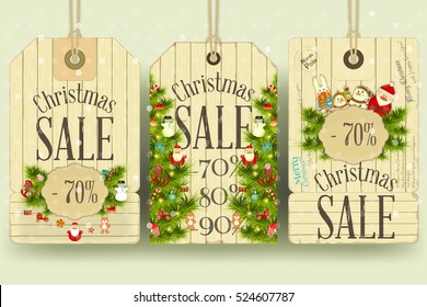 Christmas Sale Tags in Vintage Style. White Wooden Background. Vector Illustration