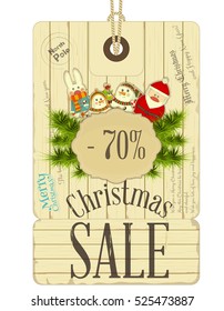 Christmas Sale Tags in Vintage Style. Santa Claus, Snowman, Christmas Toys and Decorated Xmas Fir Branches on White Wooden Background. Vector Illustration