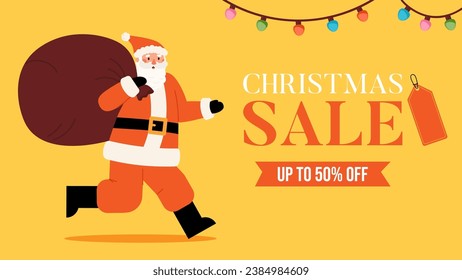 Christmas sale template banner with Santa Claus running with big bag of gifts. Special offer for holiday shopping. Season of discounts. Vector illustration