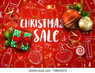 Christmas sale template card with realistic fir tree, balls, gift box and handmade lettering. Hand drawn elements and calligraphy inscription. Vector 3D red background. Sketch bottle of perfume. 
