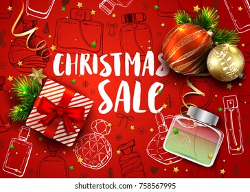 Christmas sale template card with realistic fir tree, balls, gift box and handmade lettering. Hand drawn elements and calligraphy inscription. Vector 3D red background. Sketch bottle of perfume. 