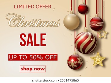 Christmas sale, template design discount banner with hanging christmas balls, shiny stars, sparkles and confetti. bright vector illustration to promote purchases in the winter season en gold and red.