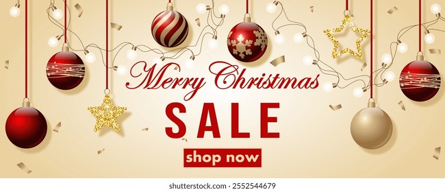 Christmas sale, template design discount banner with hanging christmas balls, shiny stars, sparkles and confetti. bright vector illustration to promote purchases in the winter season en gold and red.