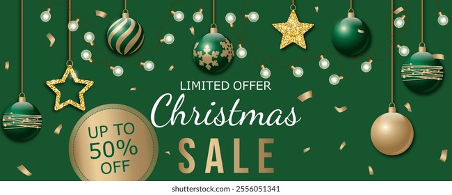 Christmas sale, template design discount banner, header with hanging christmas balls, shiny stars, garland and confetti. vector illustration to promote purchases in the winter season en gold and green