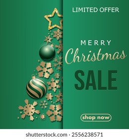 Christmas sale, template design discount banner with a christmas tree made of snowflakes and balls. elegant vector illustration to promote purchases in the winter season en gold and green tones