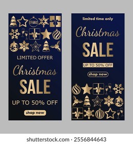 Christmas sale, template design discount banner with shiny golden minimalistic drawings on a New Year theme. vector illustration to promote purchases in the winter season en luxury dark blue and gold