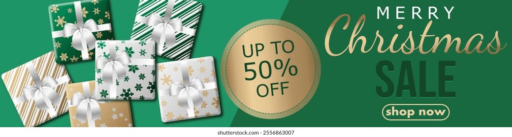 Christmas sale, template design discount banner with lot of gift boxes. realistic vector illustration to promote purchases in the winter season en gold and green. for card, flyer, website header