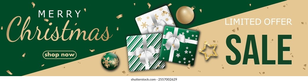 Christmas sale, template design discount banner with balls and gift boxes. realistic vector illustration to promote purchases in the winter season en gold and green. for card, flyer, website header