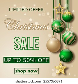 Christmas sale, template design discount banner with hanging christmas balls, shiny stars, sparkles and confetti. bright vector illustration to promote purchases in the winter season en gold and green