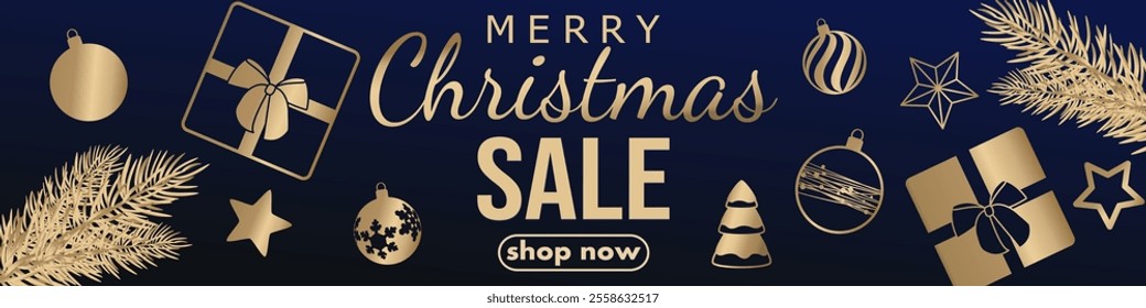 Christmas sale, template design discount banner with foil christmas balls, stars, fir branches and gift boxes. vector illustration to promote purchases in the winter season en luxury blue and gold