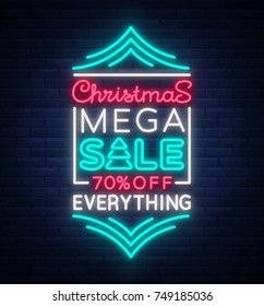 Christmas sale template design in neon style neon sign banner. Cover, flyer, bright, illuminated advertising sign on the night of Christmas discounts for your projects. Vector illustration