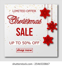 christmas sale, template discount banner design with silhouettes of hanging paper cut multi layered snowflakes. bright vector illustration to promote purchases in the winter season en white and red.