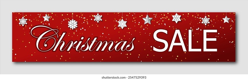christmas sale, template discount banner design with silhouettes of hanging snowflakes on red background. bright vector illustration to promote purchases in the winter season, header for the website