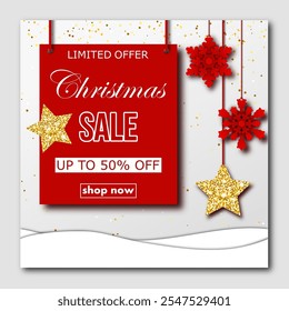 christmas sale, template discount banner design with silhouettes of hanging paper cut multi layered snowflakes. bright vector illustration to promote purchases in the winter season en white and red.