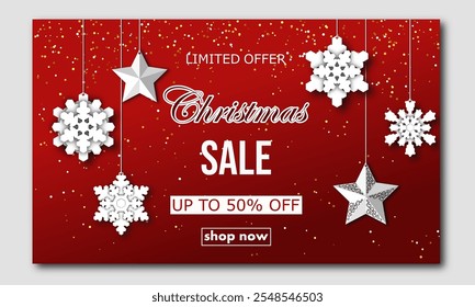 christmas sale, template discount banner design with silhouettes of hanging paper cut multi layered snowflakes on red background. bright vector illustration to promote purchases in the winter season