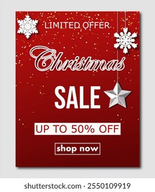 christmas sale, template discount banner design with silhouettes of hanging paper cut multi layered snowflakes on red background. bright vector illustration to promote purchases in the winter season