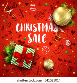 Christmas sale template with realistic fir tree, balls, gift box, decorations and handmade lettering. Hand drawn elements and calligraphy inscriptions. Vector red background with 3D objects.