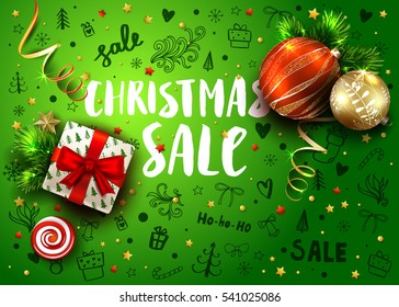 Christmas sale template with realistic fir tree, balls, gift box, decorations and handmade lettering. Hand drawn ink elements and calligraphy inscriptions. Vector green background with 3D objects. 