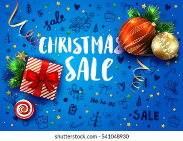 Christmas sale template with realistic fir tree, balls, gift box, decorations and handmade lettering. Hand drawn ink elements and calligraphy inscriptions. Vector blue background with 3D objects. 