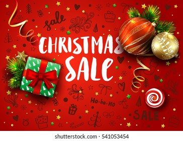 Christmas sale template with realistic fir tree, balls, gift box, decorations and handmade lettering. Hand drawn ink elements and calligraphy inscriptions. Vector red background with 3D objects. 